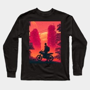 80s Synthwave Man On A Motorbike In Asian City Long Sleeve T-Shirt